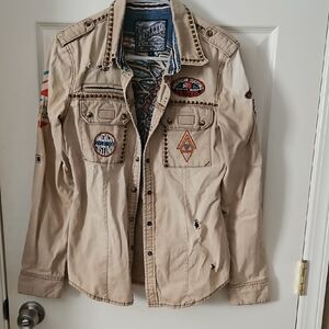 Affliction Beige Embroidered Distressed Jacket